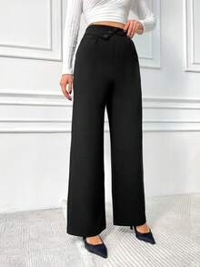 EURMUSE Solid Color Button Detailed Suit Pants - Black - View 5