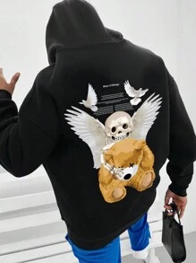 Manfinity EMRG 男士帶骷髏和卡通熊印花帽衫 - 黑色 - 查看 1