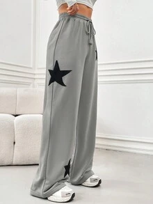 SHEIN EZwear Women's Star Printed Drawstring Waist Cargo Jogger Pants - Light Grey - View 5