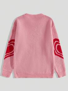 ROMWE MEN Grunge Punk Men's Drop Shoulder Sweater With Heart Pattern - Pink - View 2