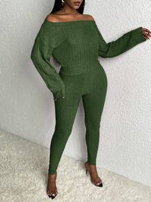 Slaydiva Ladies' Solid Color Off Shoulder Top With Leggings, 2pcs/Set - Green - View 3