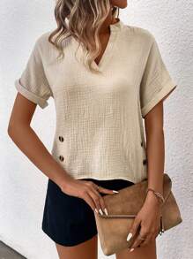 Chiquease Ladies' Simple Solid Color V-neck Short Sleeve Shirt - Apricot - View 5