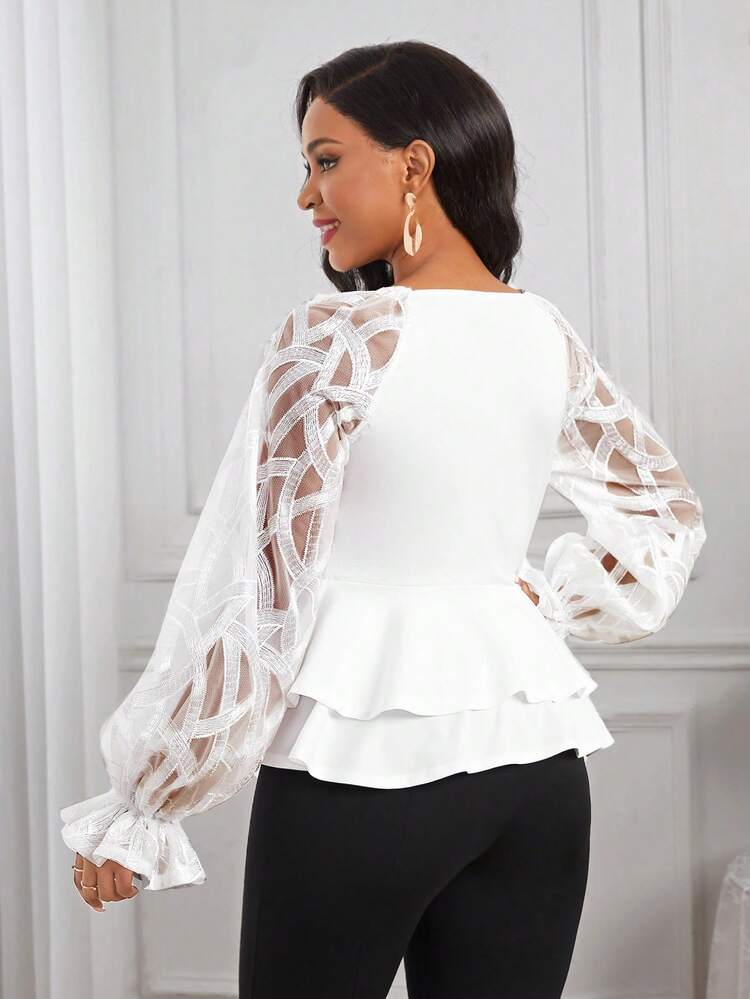 Women's Double-layered Mesh Blouse With Flounce Sleeve And Ruffles