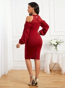 SHEIN Lady Women's Scoop-shoulder Lantern Sleeve Bodycon Dress - Burgundy - View 3