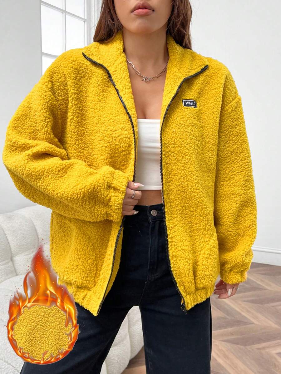 SHEIN EZwear Women's Yellow Fleece Alphabet Patchwork Jacket - Yellow - View 1