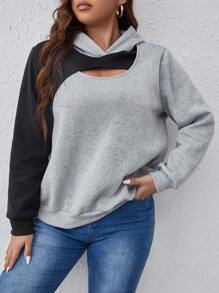 Calvaya Bluza z kapturem damska Plus Size Color Block, swobodna bluza z długim rękawem, jesień i zima