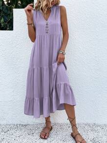 SHEIN LUNE 女士帶荷葉邊無袖v領裙 - 紫色 - 查看 1