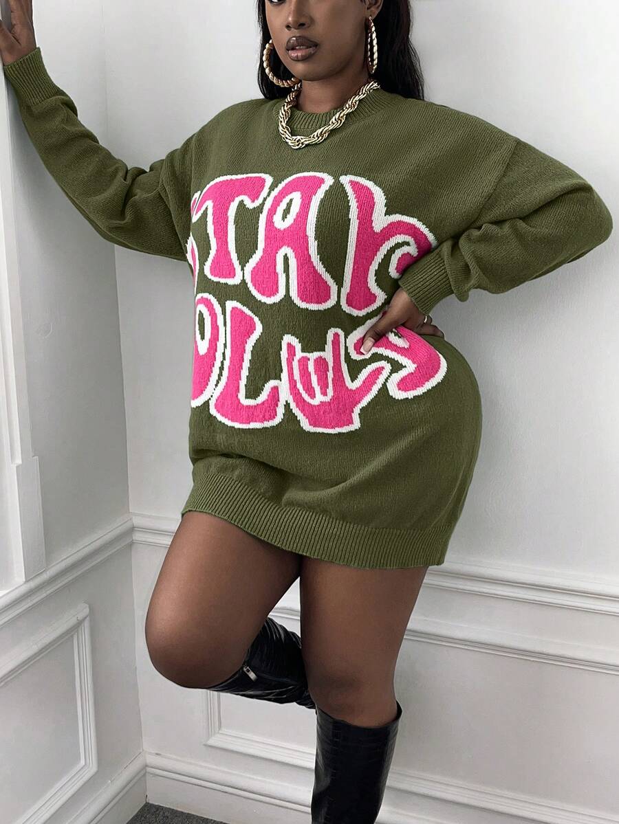 Slaydiva Của phụ nữ Kích thước lớn Thả vai Tay áo dài Mẫu chữ Áo len - màu xanh lá - Xem 1