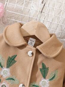 Infant Girls' Floral Embroidered Woolen Coat With Front Button Closure + Hat - Khaki - View 4