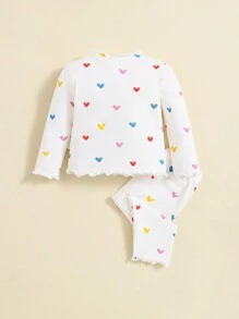 SHEIN Baby Girls' Heart Patterned Lettuce Trimmed Top And Long Pants Pajamas Set Baby Pj Set
