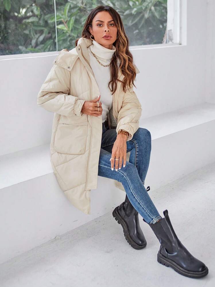 SHEIN EZwear Manteau matelassé à capuche de couleur unie simple, vêtements d'hiver décontractés - Beige - Voir 4