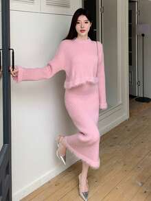 DAZY Patchwork Sweater And Knit Skirt Set - Dusty Pink - View 2