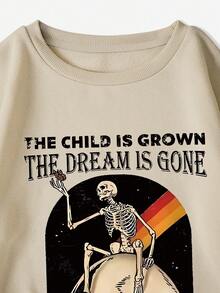 SHEIN EZwear Áo nỉ cổ tròn in hình đầu lâu đơn giản dành cho nữ - Màu Khaki - Xem 6