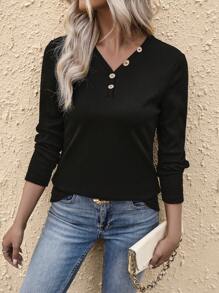 SHEIN LUNE 鈕扣細節突起紋理t恤 - 黑色 - 查看 5