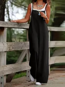 Plus 女士纯色肩带连体裤阔腿裤 - 黑色 - 查看 1