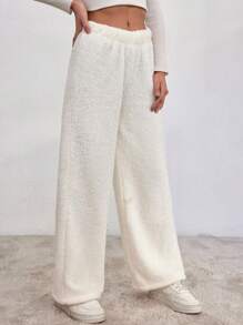 EURMUSE Solid Flannel Wide Leg Pants - White - View 4
