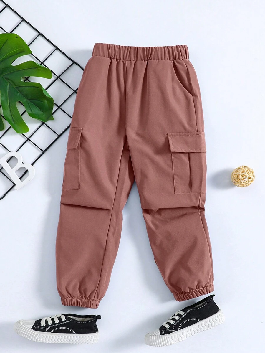 SHEIN Boys' Solid Color Multi-Pocket Cargo Pants (Little Kids) - Orange - View 1