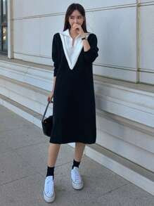 Dazy Star 女士色塊領2合1毛衣裙 - 黑色 - 查看 3