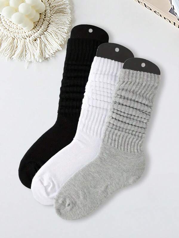 3 Pairs Solid Color Pile Heap Socks, Mid-calf Length