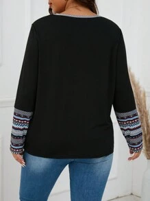 SHEIN LUNE Kích thước lớn Của phụ nữ Hình học In Tay áo dài Áo thun - màu đen - Xem 2