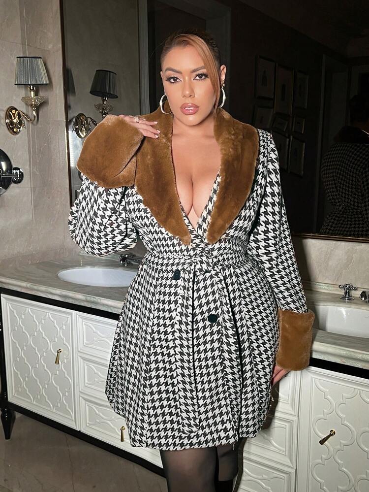 Plus Size Women's Houndstooth Coat With Fluffy Shawl Collar, Tie Belt