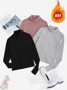 SHEIN EZwear 夏季3入組短袖高領肋紋針織t恤 - 彩色 - 查看 1