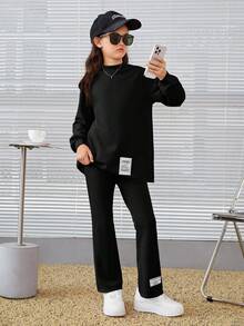 SHEIN 女童寬鬆休閒立領落肩上衣喇叭褲套裝 - 黑色 - 查看 3