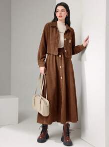 Mulvari Letter Patched Shirt And Skirt Set - Brown - View 4