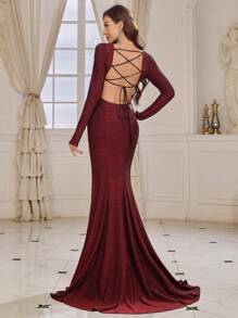SHEIN Belle Women's Fish Tail Evening Dress With Gold And Silver Thread Fabric And Back Tie Design (heavy Work), Formal Dress For Evening Party - Red - View 1
