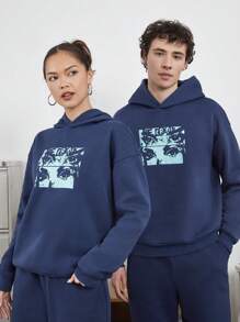 Manfinity VCAY 1 bộ áo nỉ có mũ in hình nhân vật và quần dài cho nam, dành cho mùa thu đông - Xanh đậm - Xem 3