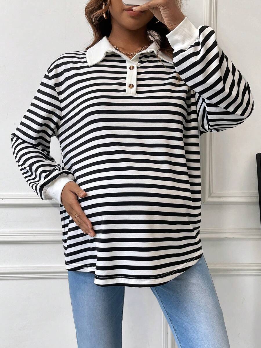 SHEIN Maternity Striped Colorblock Polo Neck Drop Shoulder Sweatshirt