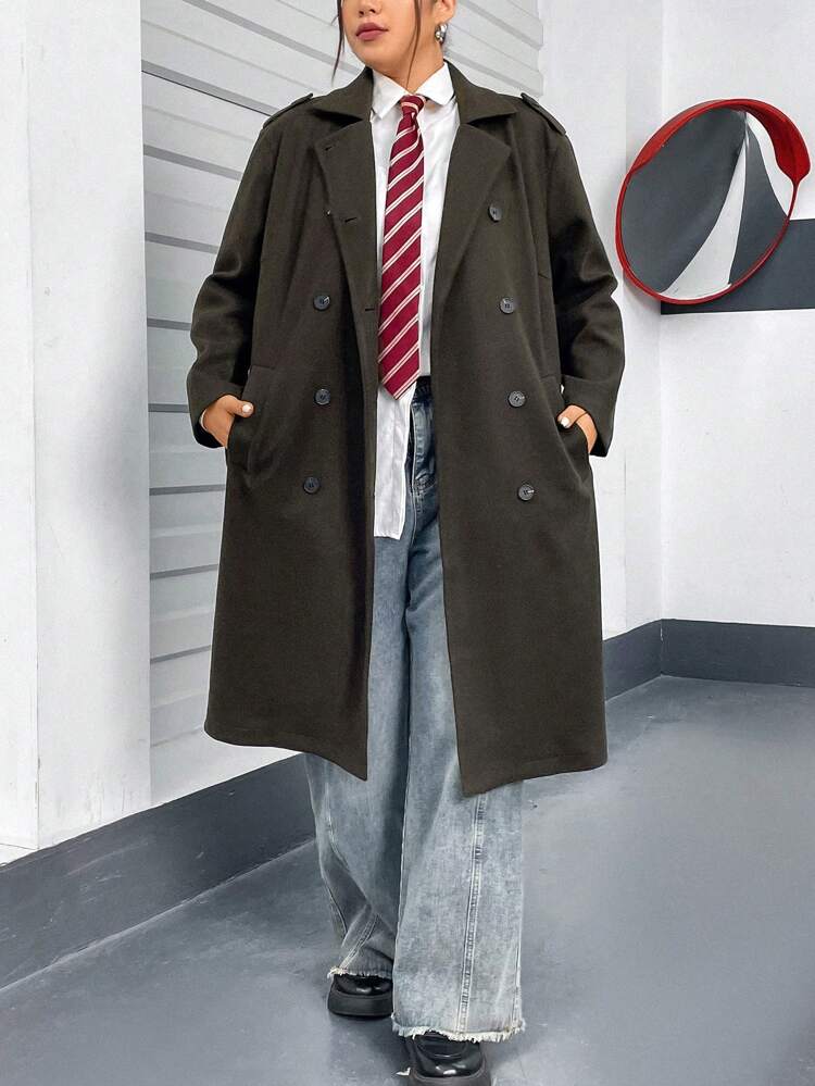 Plus Size Solid Color Lapel Double Breasted Woolen Coat Fall Cloth For Women