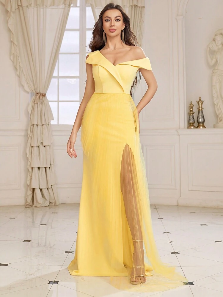 Women's Asymmetrical Neckline High Slit Evening Party Dress