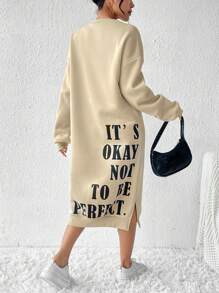 SHEIN LUNE 女士掉肩長款毛衣,印有字母印花 - 杏色 - 查看 1