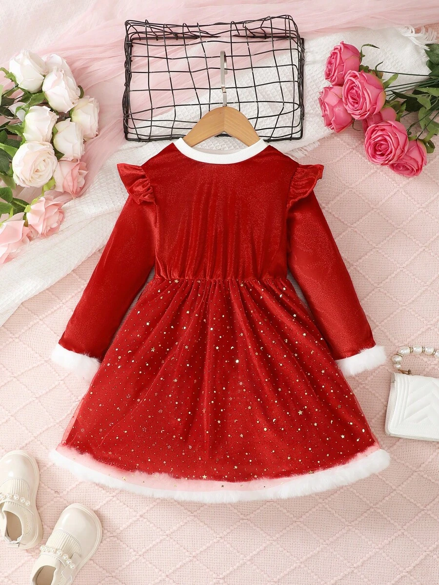 SHEIN 幼兒女孩紅色網眼連身裙 - 紅色 - 查看 1