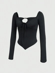 SHEIN EZwear 女士不对称下摆镂空上衣 - 黑色 - 查看 4