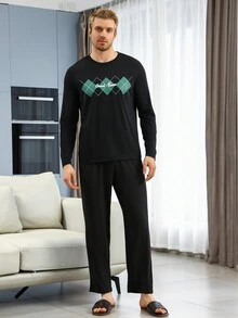 Top De Ropa Para El Hogar Con Estampado Geométrico Y Letras Con Cuello Redondo Para Hombre - Multicolor - Ver 4