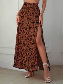 Breezaya 高腰碎花印花开叉大腿裙长款度假海滩装女款