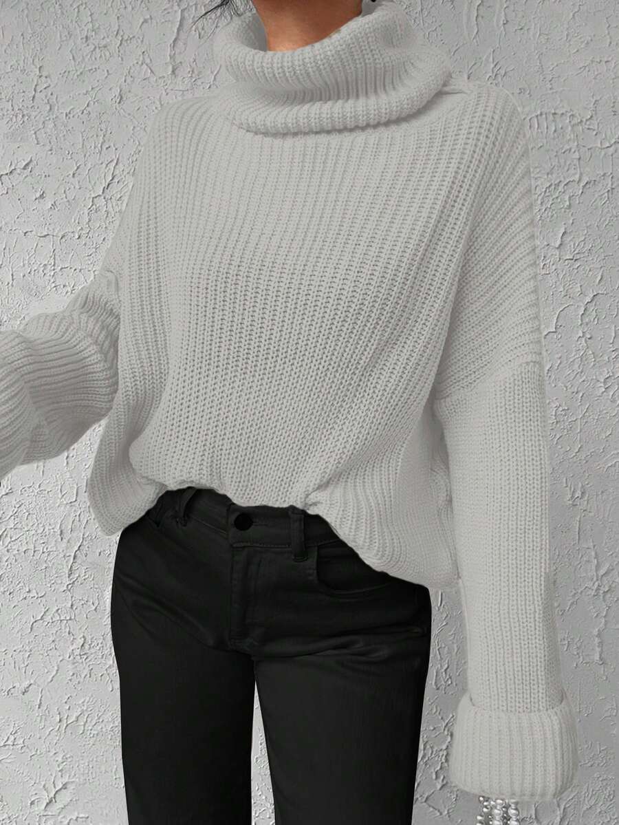 EURMUSE Solid Color Turtleneck Batwing Sleeve Sweater - Beige - View 1