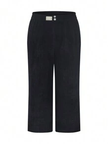 Flirla Plus Size Casual Solid Color Fleece Pants, Autumn/Winter - Black - View 5