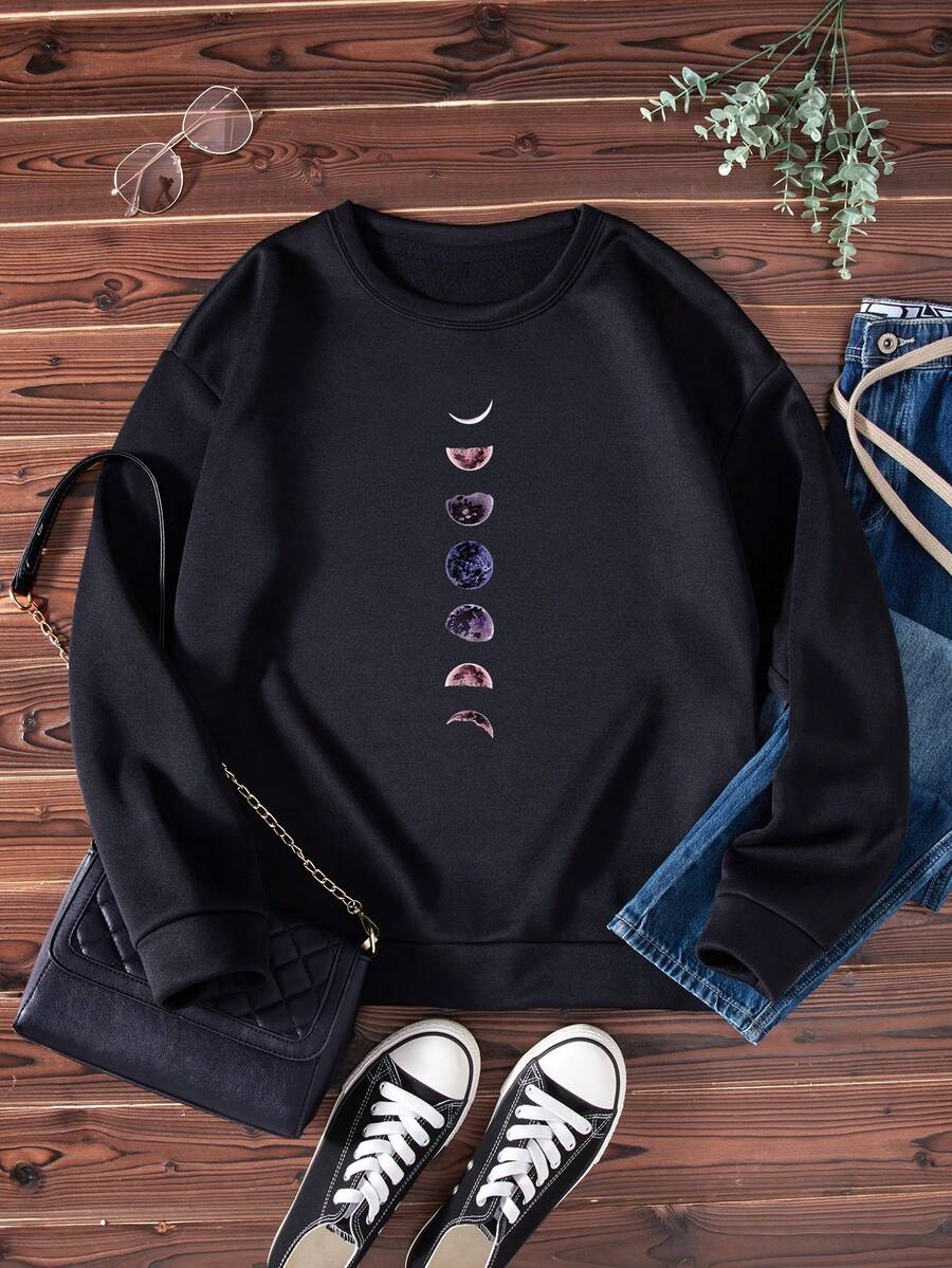 SHEIN LUNE Sudadera De Lana Polar Para Mujer Con Estampado De Luna - Negro - Ver 1