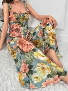 Snug Zone 女士花卉印花荷叶边无袖上衣和阔腿裤睡衣套装 - 彩色 - 查看 3