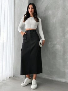 EURMUSE Kvinnors Denim Cargo Ficka Framtill Kjolar - Svart - Visa 6