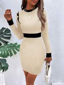 SHEIN Privé 長袖拼色連衣裙 - 杏色 - 查看 1