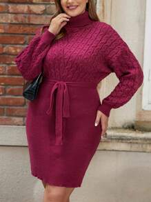SHEIN LUNE Plus Size Women's Cable Knitted Belted Sweater Dress - Red - View 5