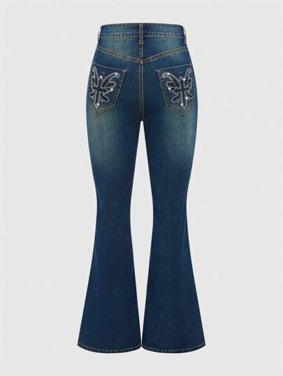 Grunge Punk Women's Rhinestone Decor Flared Jeans