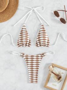 SHEIN Swim Bộ bikini xẻ tà cổ dành cho nữ bằng vải đặc biệt đi biển mùa hè - Nhiều màu - Xem 4