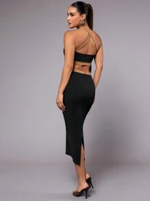 SHEIN BAE 新年、情人節晚會露背黑卡其拼接長袖緊身連身裙,吊帶露背無肩帶款式 - 黑色 - 查看 2