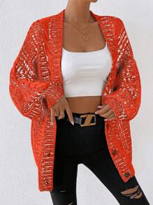 SHEIN Unity Solid Color Drop Shoulder Buttoned Cardigan Fall Cloth For Women - Orange - View 6