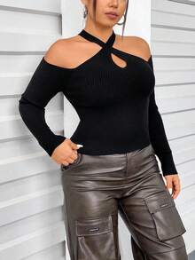 Flirla Của phụ nữ Kích thước lớn Lạnh vai Áo len - màu đen - Xem 4